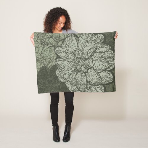 Modern Sage Green Floral Dahlia Pattern Fleece Blanket