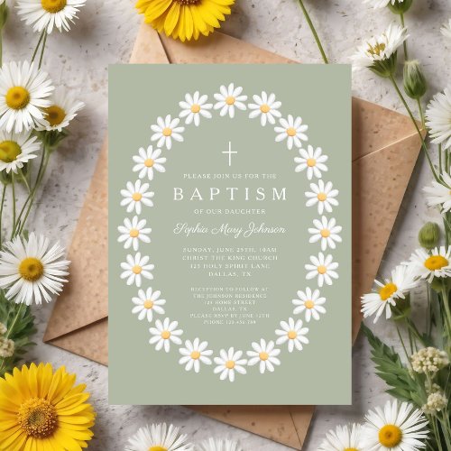 Modern Sage Green Floral Daisies Girl Baptism Invitation