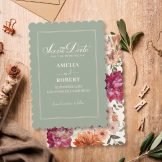 Modern sage green floral fall wedding  save the date