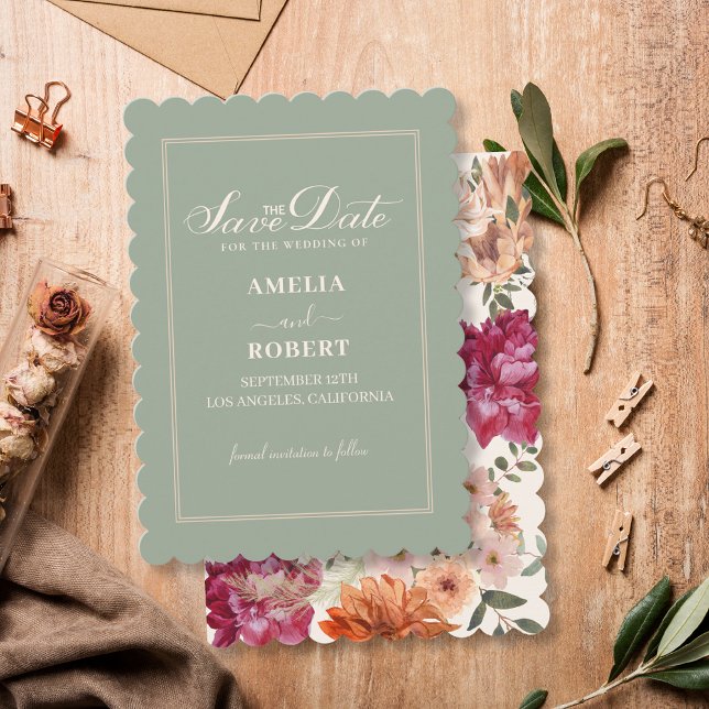 Modern sage green floral fall wedding  save the date (Creator Uploaded)