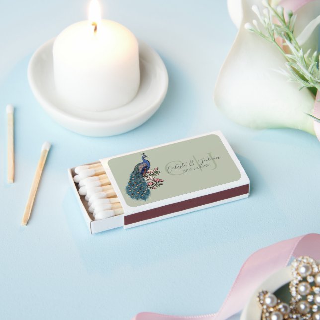 Modern Sage Green Floral Peacock Wedding Matchboxes (Insitu)