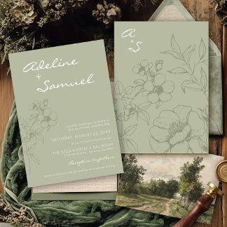 Modern Sage Green Floral Simple Elegant Wedding Invitation