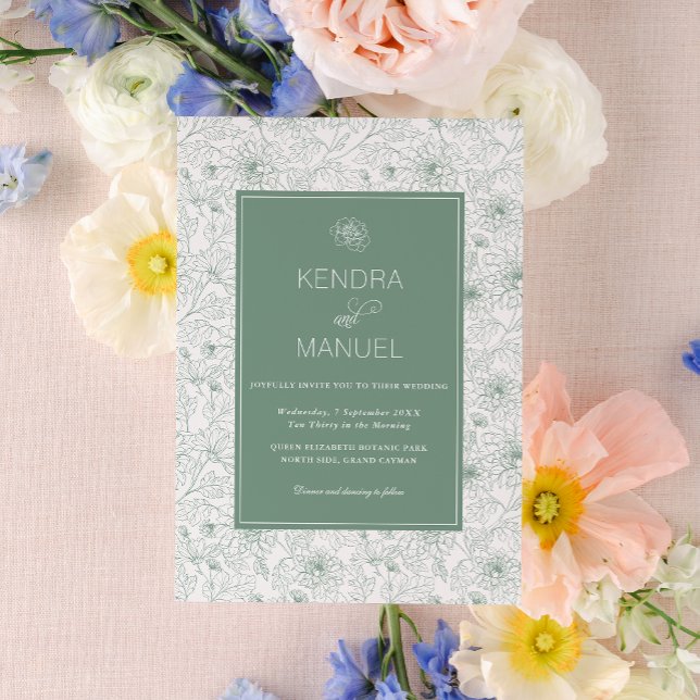 Modern Sage Green Floral Toile Wedding Invitation (Creator Uploaded)