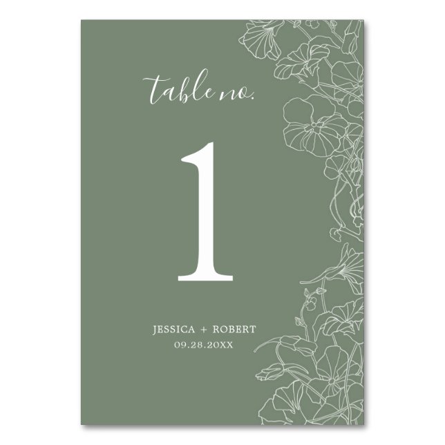 Modern Sage Green Floral Wedding Table Number (Front)