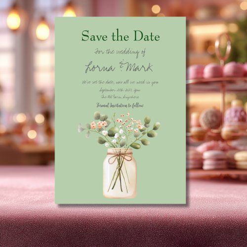 Modern Sage Green Flower Jar Save The Date Card