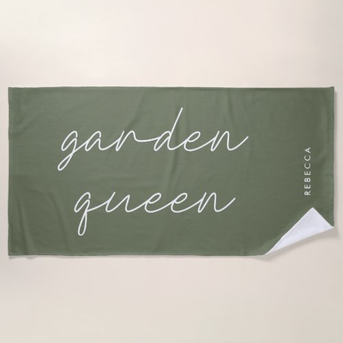 Modern Sage Green Garden Queen Plant Lover Script Beach Towel