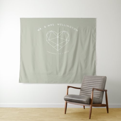 Modern Sage Green Geometric Heart Wedding Tapestry