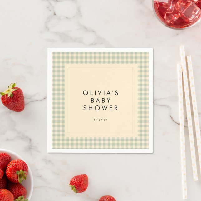 Modern Sage Green Gingham Baby Shower Collection Napkins (Insitu)