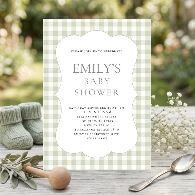 Modern Sage Green Gingham Baby Shower  Invitation (Creator Uploaded)