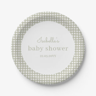 Modern Sage Green Gingham Baby Shower Paper Plates