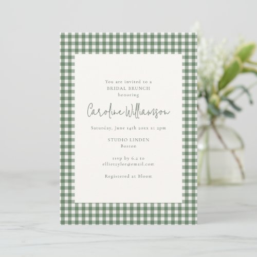 Modern Sage Green Gingham Plaid Bridal Brunch Invitation