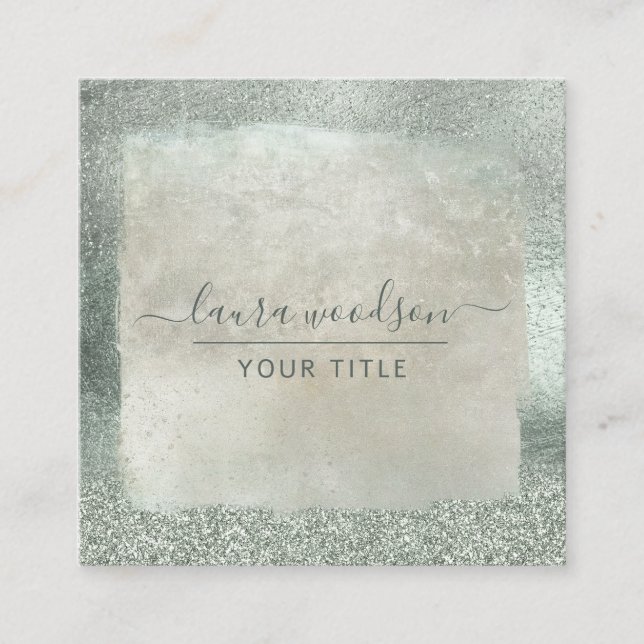 Modern Sage Green Glitter Script Signature Square Business Card (Front)