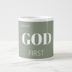 Modern Sage Green God First Faith Saying Slogan  Giant Coffee Mug