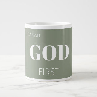 Modern Sage Green God First Faith Saying Slogan Giant Coffee Mug