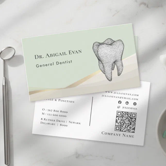 Modern Sage Green & Gold 3D Tooth Icon Dentist Business Card | Zazzle