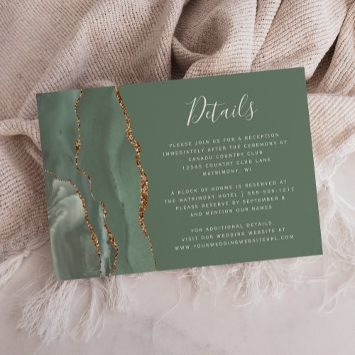 Modern Sage Green Gold Agate Wedding Details Enclosure Card