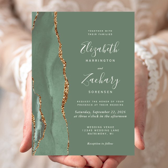 Modern Sage Green Gold Agate Wedding Invitation (Creator Uploaded)