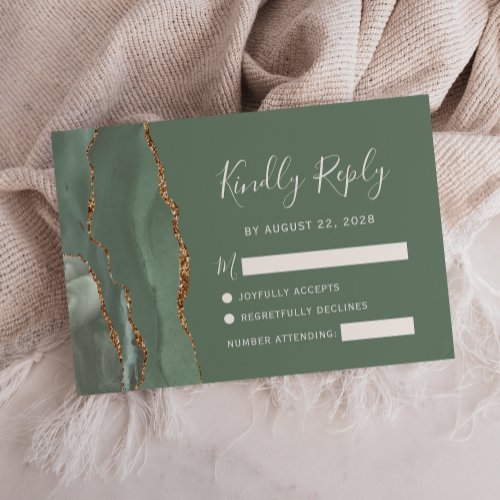 Modern Sage Green Gold Agate Wedding RSVP Card