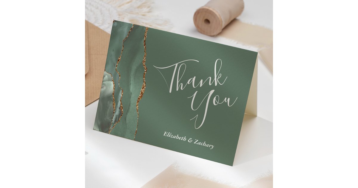 Modern Sage Green Gold Agate Wedding Thank You Card | Zazzle