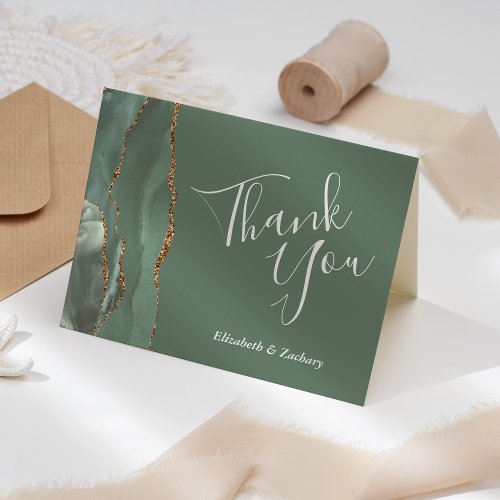 Modern Sage Green Gold Agate Wedding Thank You Card