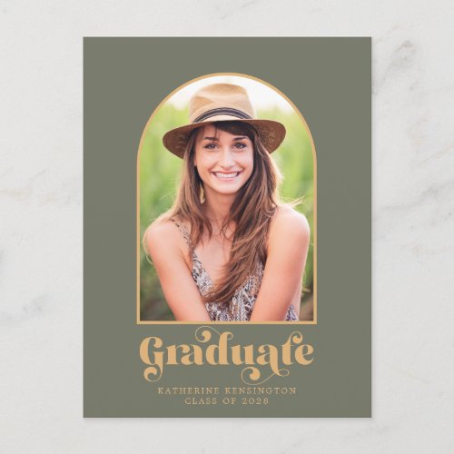 Modern Sage Green Gold Arch Photo Graduation Party Announcement Postcard