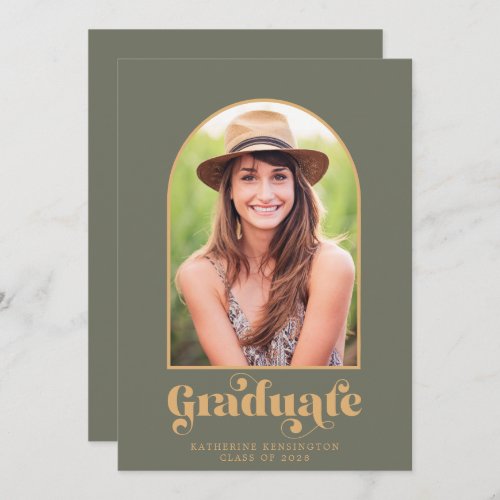 Modern Sage Green Gold Arch Photo Graduation Party Invitation