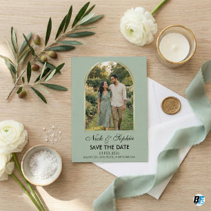 Modern Sage Green & Gold Arch Photo Wedding Save The Date