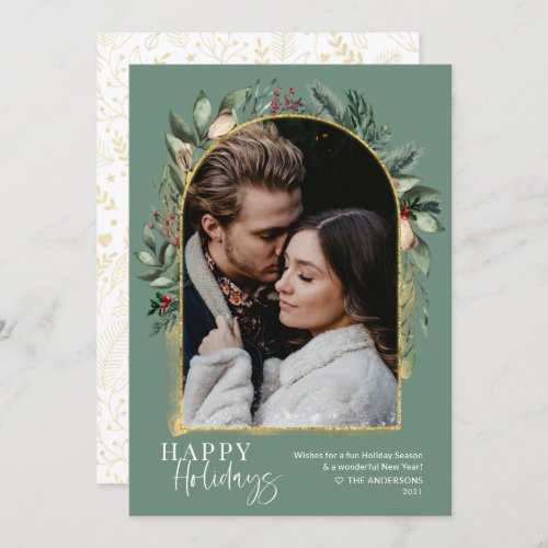 Modern Sage Green Gold Arch  Snow Overlay 1 Photo Holiday Card