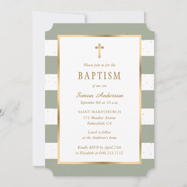 Modern Sage Green Gold Cross Stars Baptism Invitation (Front)