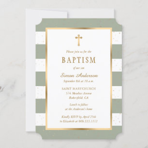 Modern Sage Green Gold Cross Stars Baptism Invitation