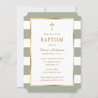 Modern Sage Green Gold Cross Stars Baptism Invitation