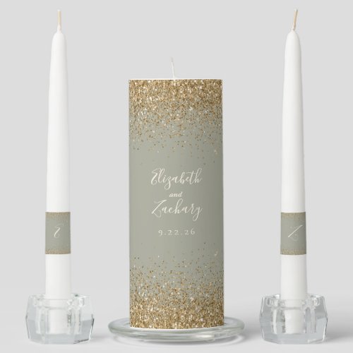 Modern Sage Green Gold Faux Glitter Edge Unity Candle Set