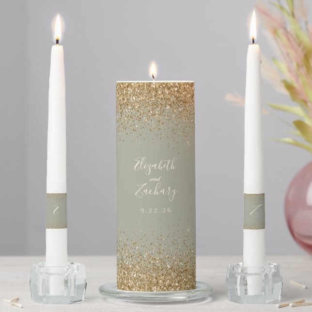 Modern Sage Green Gold Faux Glitter Edge Unity Candle Set (In Situ)