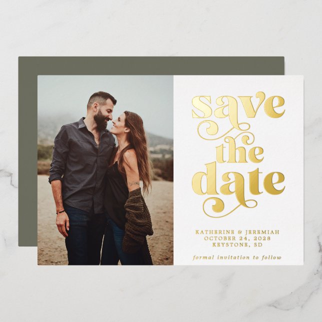 Modern Sage Green Gold Foil Photo Save the Date Foil Invitation (Front/Back)