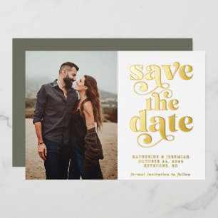 Modern Sage Green Gold Foil Photo Save the Date Invitation