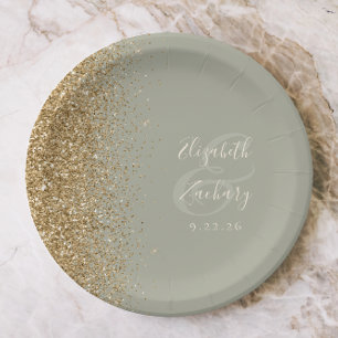 Modern Sage Green Gold Glitter Edge Wedding Paper Plates