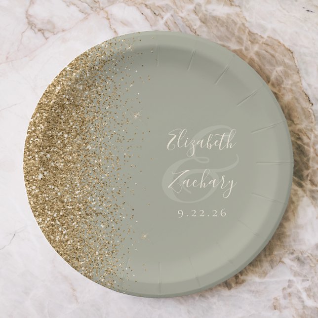 Modern Sage Green Gold Glitter Edge Wedding Paper Plates (Creator Uploaded)