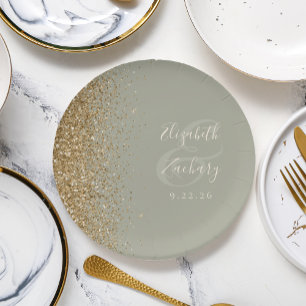 Modern Sage Green Gold Glitter Edge Wedding Paper Plates