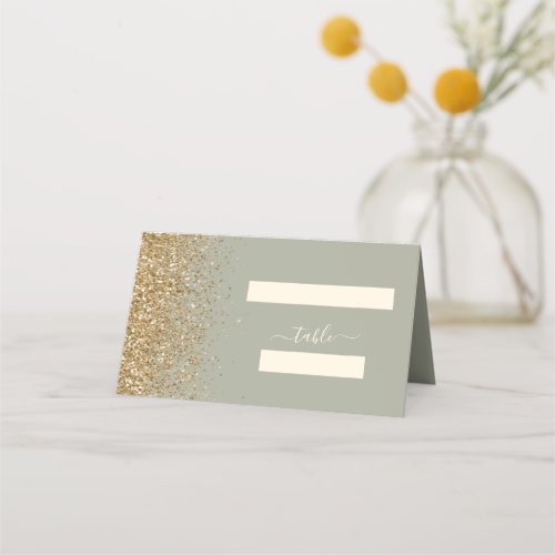 Modern Sage Green Gold Glitter Edge Wedding Place Card
