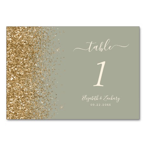 Modern Sage Green Gold Glitter Edge Wedding Table Number