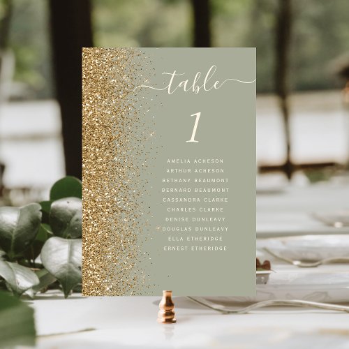 Modern Sage Green Gold Glitter Wedding Table Number