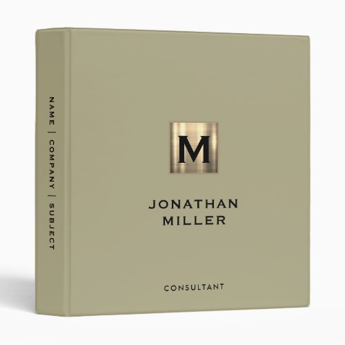 Modern Sage Green Gold Monogram 3 Ring Binder