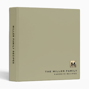 Modern Sage Green Gold Monogram Family Recipe 3 Ring Binder