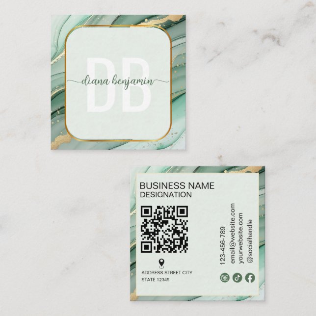 Modern Sage Green Gold monogram Qr Code Square Business Card (Front/Back)