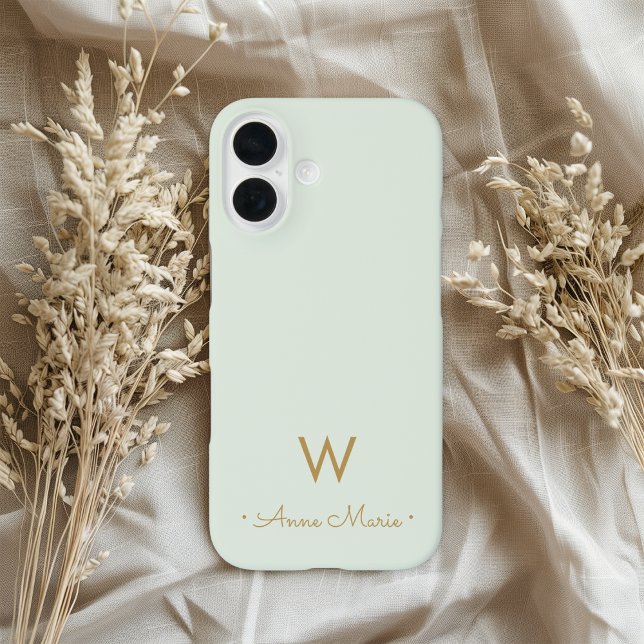 Modern Sage Green Gold Script Monogram Case-Mate iPhone Case (Creator Uploaded)