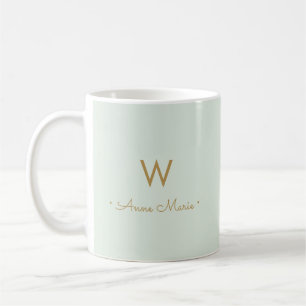 Modern Sage Green Gold Script Monogram Coffee Mug