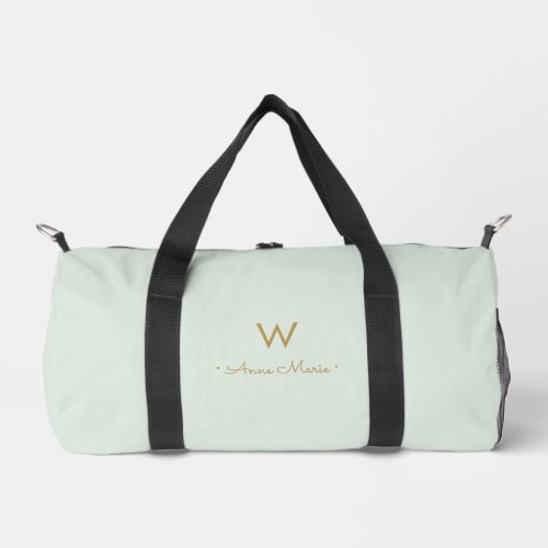 Modern Sage Green Gold Script Monogram Duffle Bag