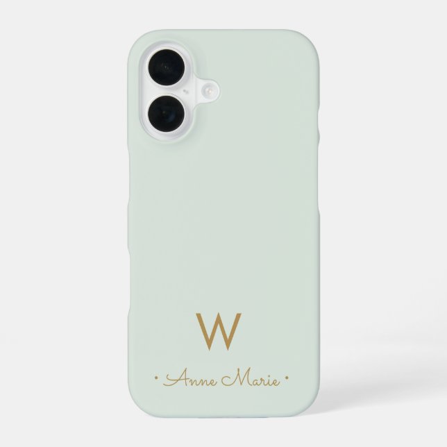 Modern Sage Green Gold Script Monogram iPhone Case (Back)