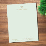 Modern Sage Green Gold Script Monogram Letterhead<br><div class="desc">A modern,  elegant monogram design with gold handwritten minimalist script typography and sans serif block typography on an elegant sage green background. The monogram,  name and contact information can be easily personalized.</div>