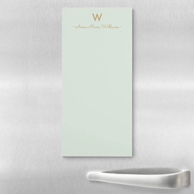 Modern Sage Green Gold Script Monogram Magnetic Notepad (In Situ)